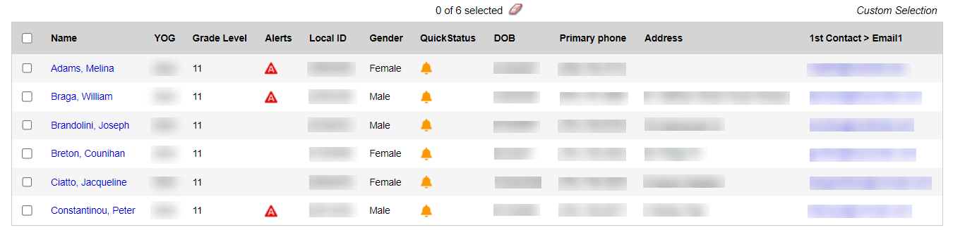 Show selected results from student list query.