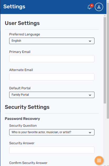 User Settings screen