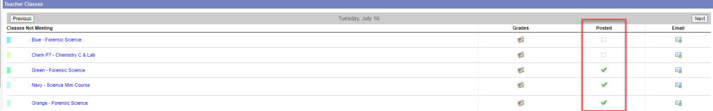 Teacher Classes widget with Posted column highlighted