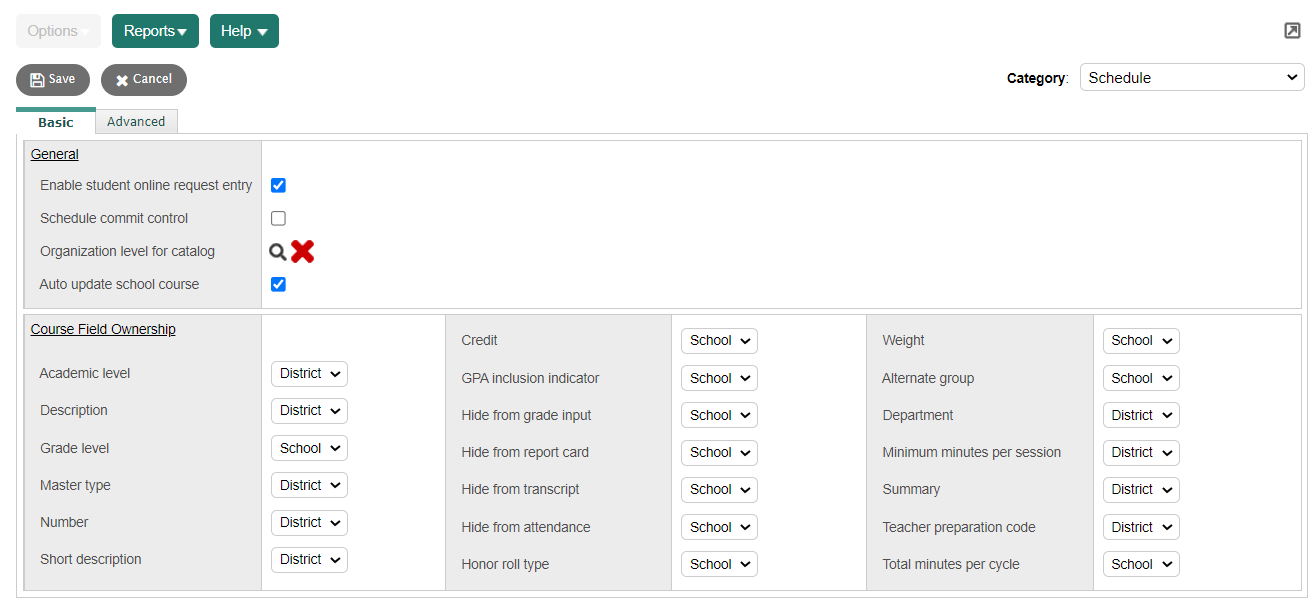 District Security preferences page, showing Basic tab