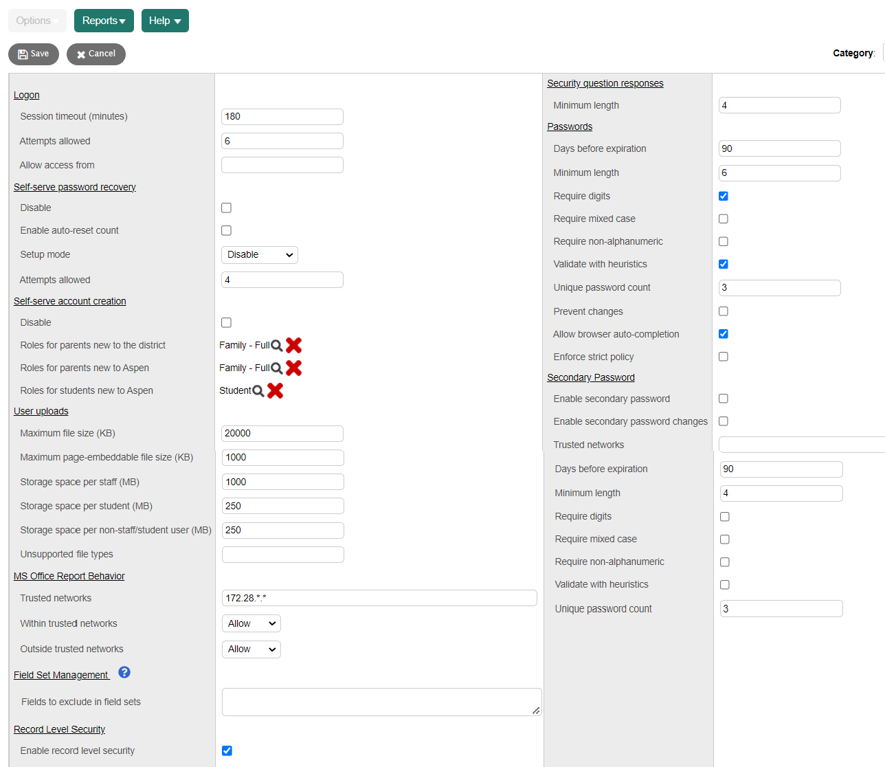 The Security preferences page